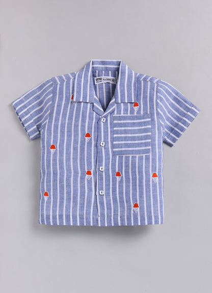Boys Pure Cottons Striped Icecream Embroidery Shirt and Pant Set- Blue
