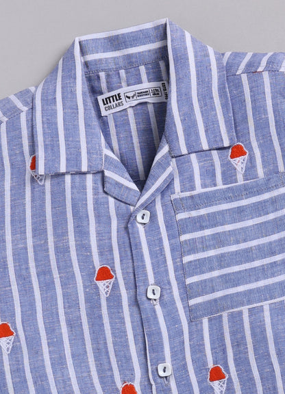 Boys Pure Cottons Striped Icecream Embroidery Shirt and Pant Set- Blue