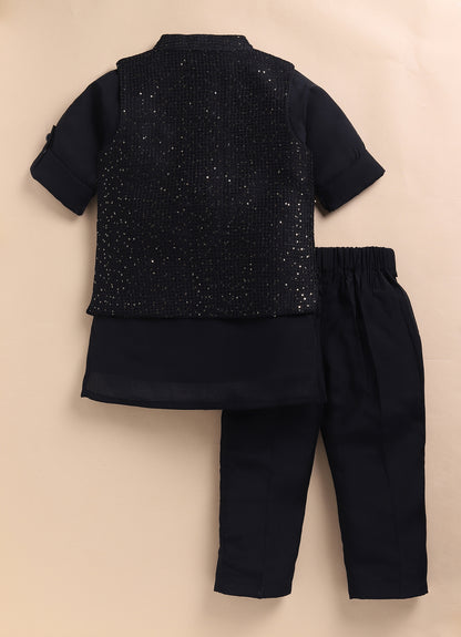 Boys Woven  Embellished Jacket, Kurta and Pajama with Brooch Wedding Wear Ethnic Set- Black