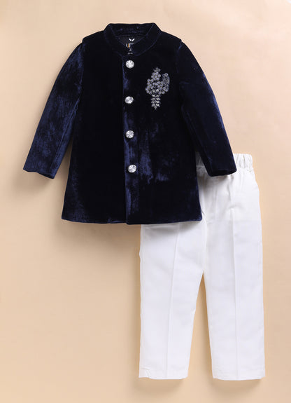 Suede Velvet Woven Full Sleeves Hand Embellished Motiwork Motif  Design Sherwani Prince Coat Ethnic Wear Set - Navy