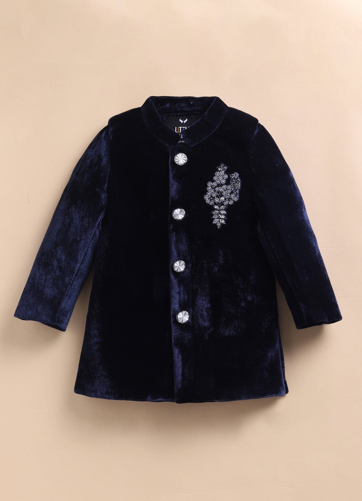 Suede Velvet Woven Full Sleeves Hand Embellished Motiwork Motif  Design Sherwani Prince Coat Ethnic Wear Set - Navy