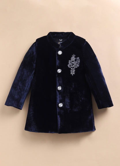 Suede Velvet Woven Full Sleeves Hand Embellished Motiwork Motif  Design Sherwani Prince Coat Ethnic Wear Set - Navy