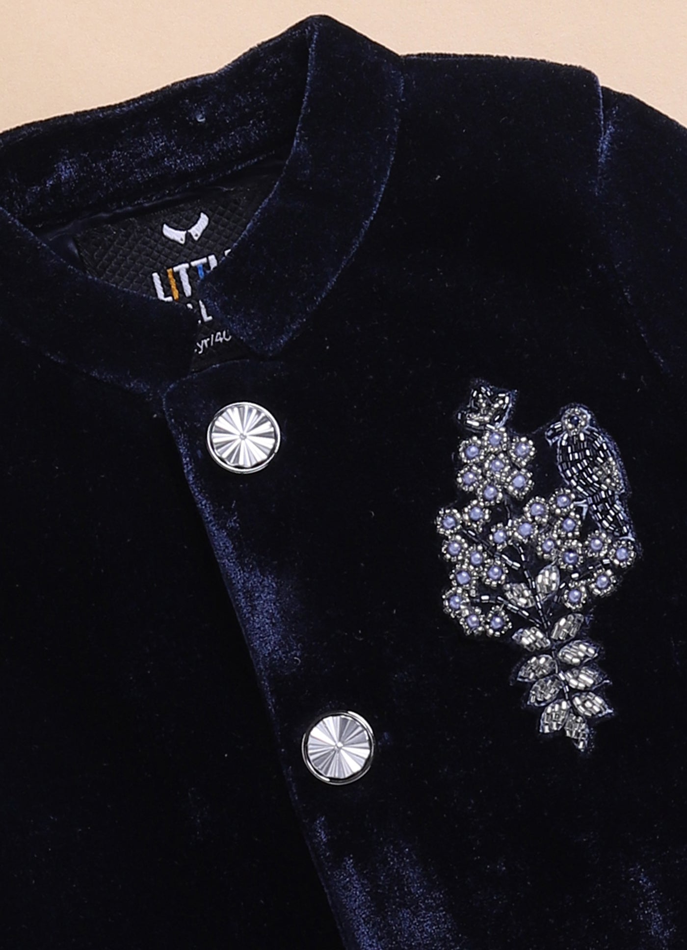 Suede Velvet Woven Full Sleeves Hand Embellished Motiwork Motif  Design Sherwani Prince Coat Ethnic Wear Set - Navy