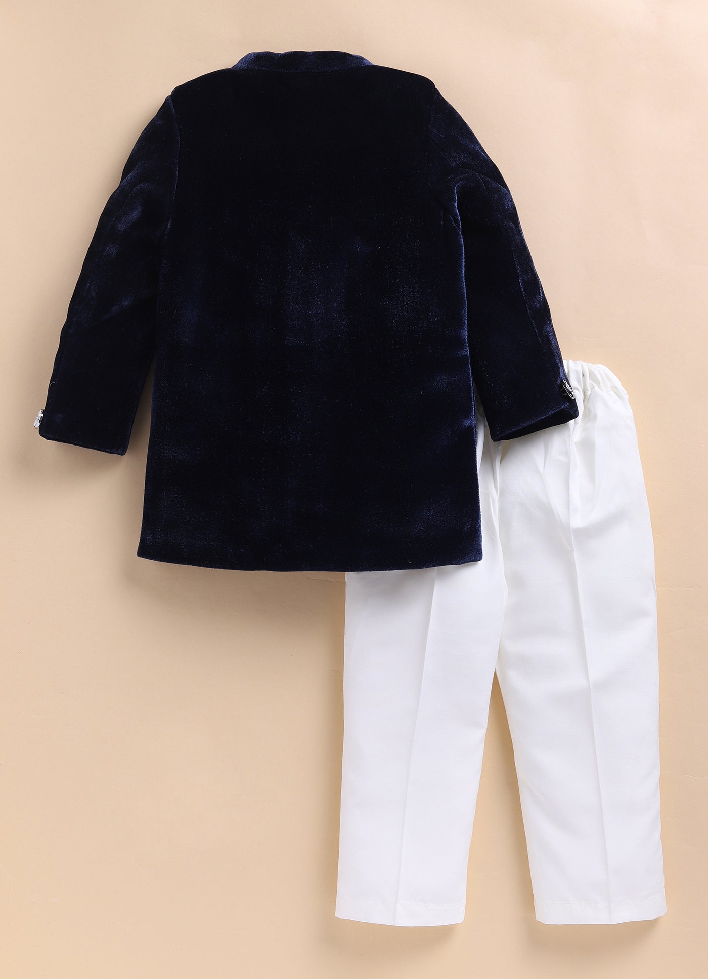 Suede Velvet Woven Full Sleeves Hand Embellished Motiwork Motif  Design Sherwani Prince Coat Ethnic Wear Set - Navy