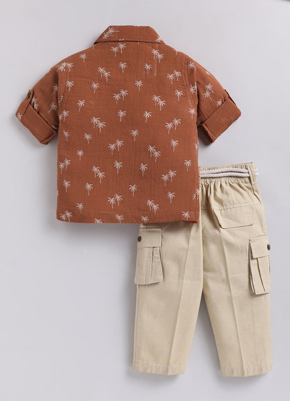 Boys Muslin Cotton Printed Palms & Trouser Set - Rust