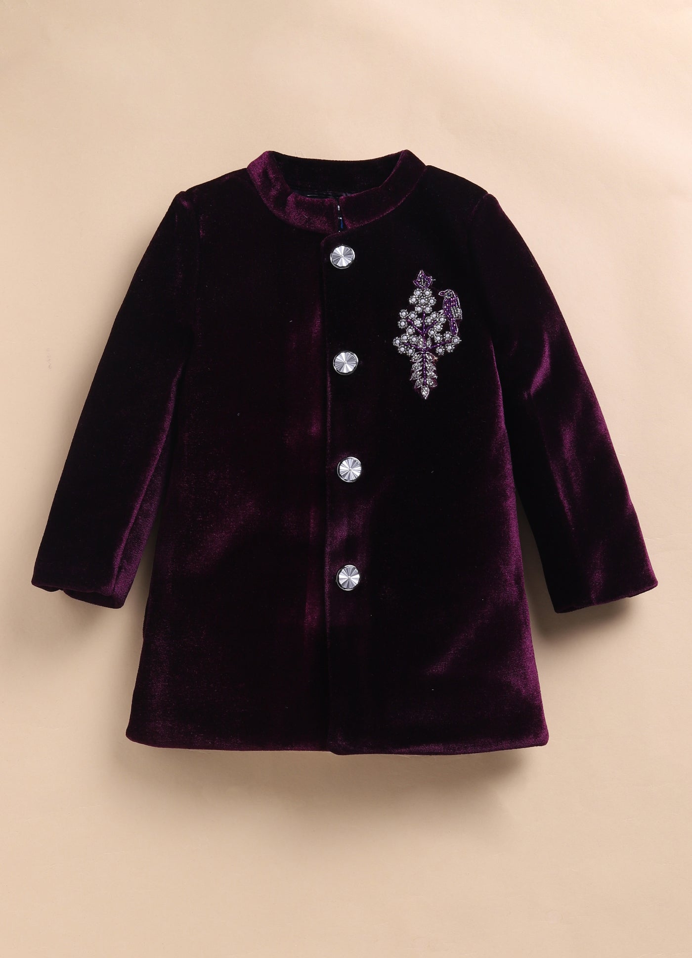 Suede Velvet Woven Full Sleeves Hand Embellished Motiwork Motif  Design Sherwani Prince Coat Ethnic Wear Set - Wine