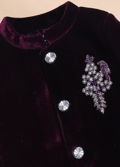 Suede Velvet Woven Full Sleeves Hand Embellished Motiwork Motif  Design Sherwani Prince Coat Ethnic Wear Set - Wine