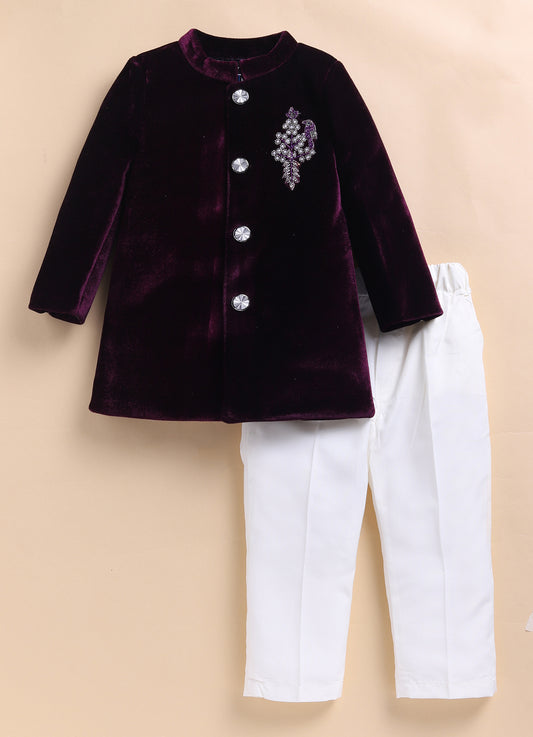 Suede Velvet Woven Full Sleeves Hand Embellished Motiwork Motif  Design Sherwani Prince Coat Ethnic Wear Set - Wine