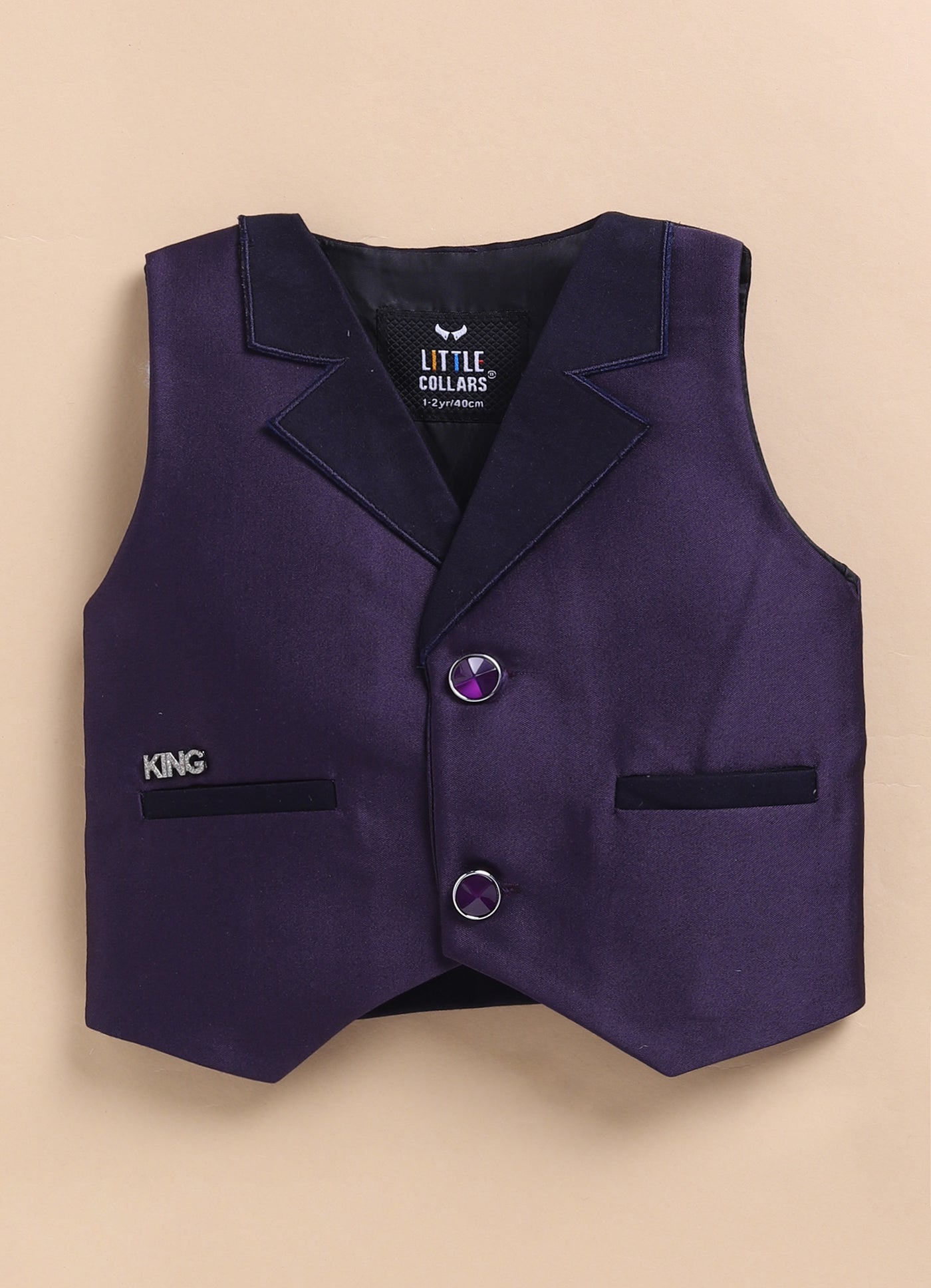 Little Collars Terry Rayon Woven Waistcoat Jacket Pant & Full Sleeves Shirt with & Bow Formal Partywear Jacket Set- Violet