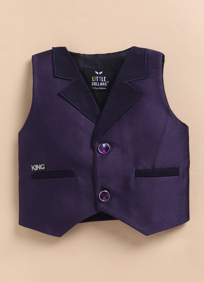 Little Collars Terry Rayon Woven Waistcoat Jacket Pant & Full Sleeves Shirt with & Bow Formal Partywear Jacket Set- Violet
