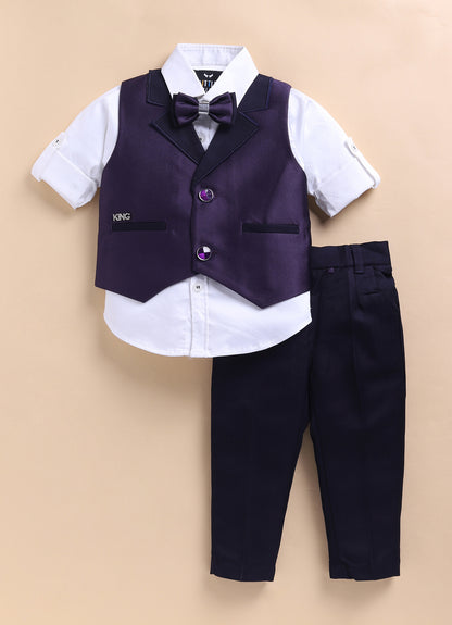Little Collars Terry Rayon Woven Waistcoat Jacket Pant & Full Sleeves Shirt with & Bow Formal Partywear Jacket Set- Violet