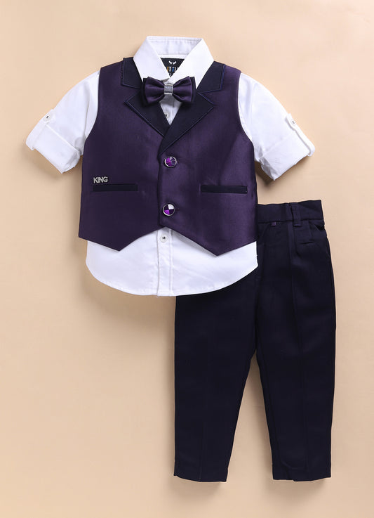 Little Collars Terry Rayon Woven Waistcoat Jacket Pant & Full Sleeves Shirt with & Bow Formal Partywear Jacket Set- Violet