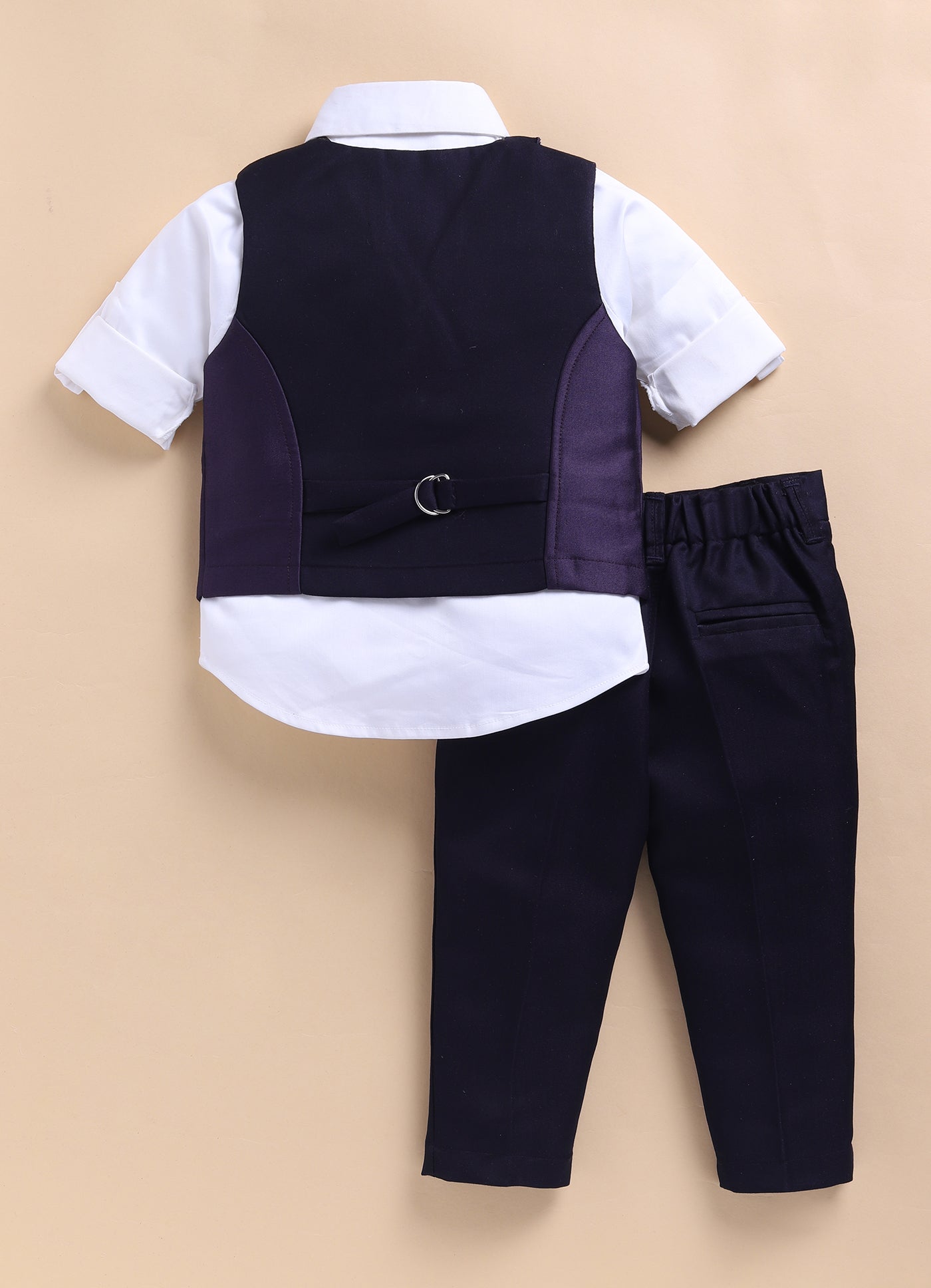 Little Collars Terry Rayon Woven Waistcoat Jacket Pant & Full Sleeves Shirt with & Bow Formal Partywear Jacket Set- Violet