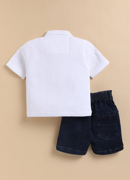 Boys Pure Muslin Cotton Shirt Denim Pant Set- White