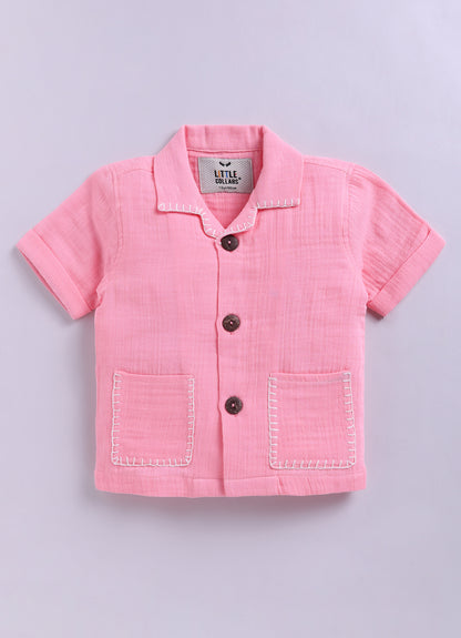Pure Organic Muslin Cotton Solid Half Sleeves Shirt Half Pant Coord Set with Hand Embroidered Details- Pink