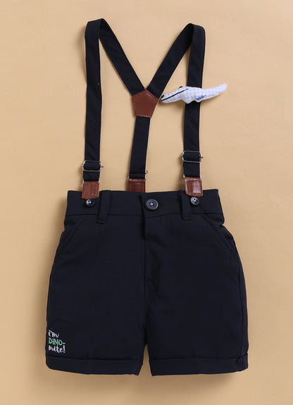 Dinosaur Print Cotton  Half Sleeves Shirt Pant Suspender Set with Bow and Cute Fluff Pin -Blue