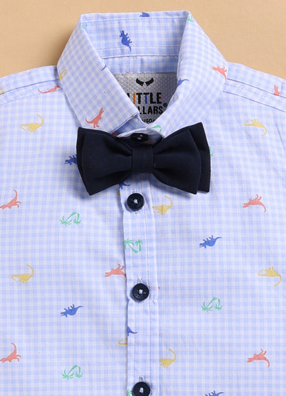 Dinosaur Print Cotton  Half Sleeves Shirt Pant Suspender Set with Bow and Cute Fluff Pin -Blue