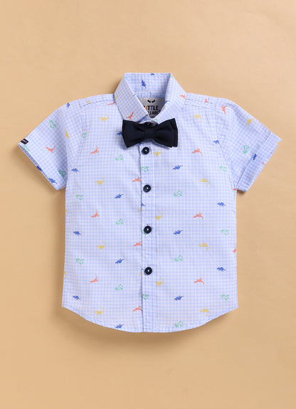 Dinosaur Print Cotton  Half Sleeves Shirt Pant Suspender Set with Bow and Cute Fluff Pin -Blue