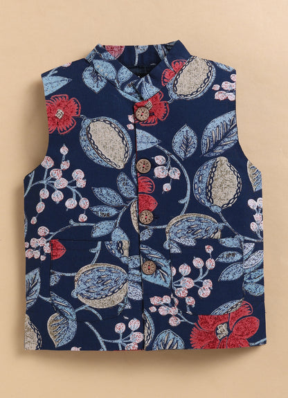 Organic Cotton Woven Full Sleeves Floral Printed Ethnic Jacket Kurta Pajama Set - Blue