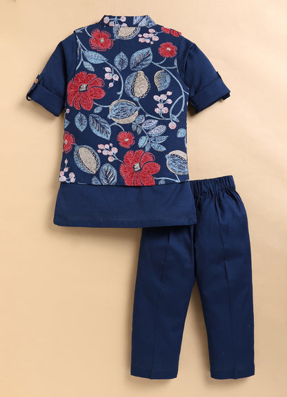 Organic Cotton Woven Full Sleeves Floral Printed Ethnic Jacket Kurta Pajama Set - Blue