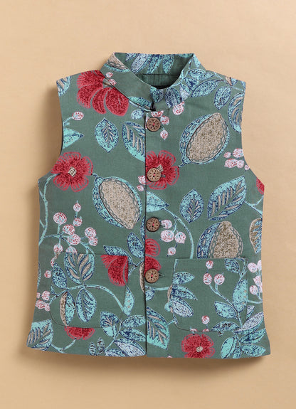 Organic Cotton Woven Full Sleeves Floral Printed Ethnic Jacket Kurta Pajama Set - Green