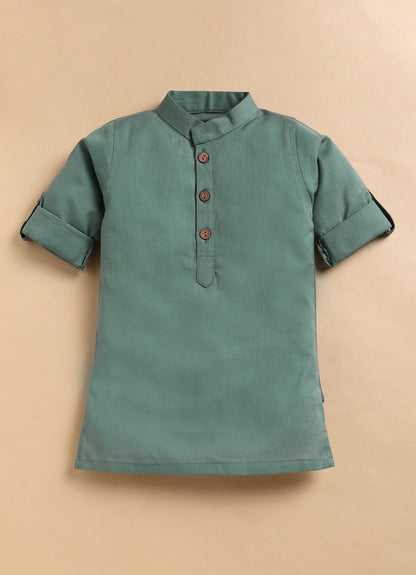 Organic Cotton Woven Full Sleeves Floral Printed Ethnic Jacket Kurta Pajama Set - Green