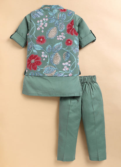 Organic Cotton Woven Full Sleeves Floral Printed Ethnic Jacket Kurta Pajama Set - Green