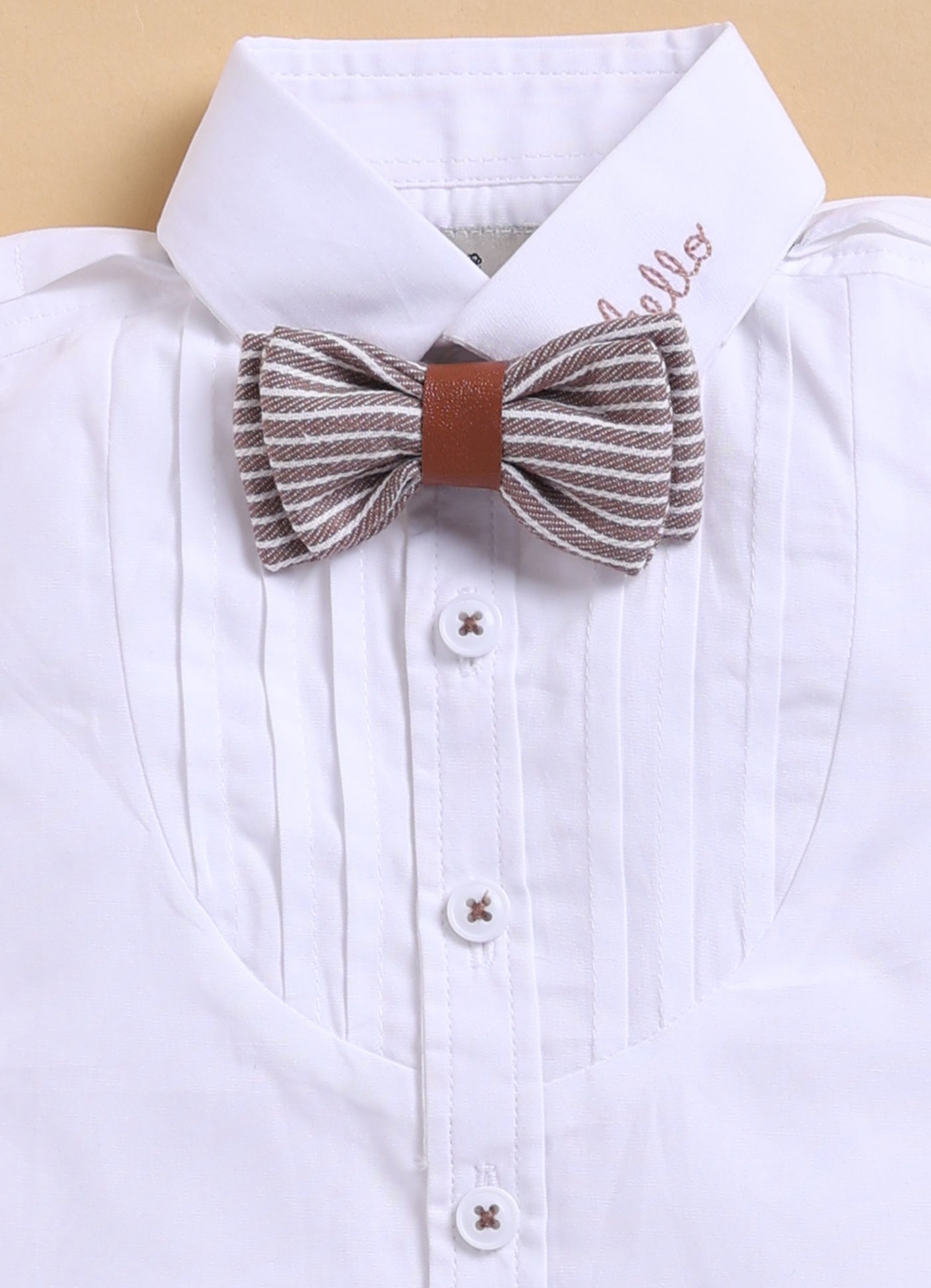 Cotton Half Sleeves Shirt With Coordinating Striped Shorts Suspender & Bow Casual Set- BROWN