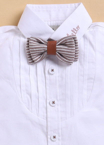 Cotton Half Sleeves Shirt With Coordinating Striped Shorts Suspender & Bow Casual Set- BROWN
