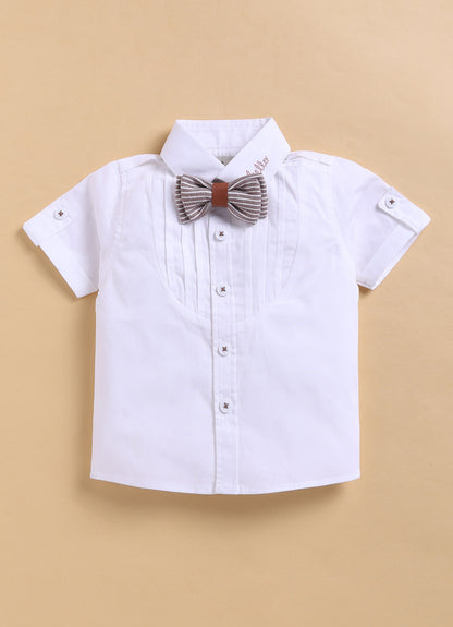 Cotton Half Sleeves Shirt With Coordinating Striped Shorts Suspender & Bow Casual Set- BROWN