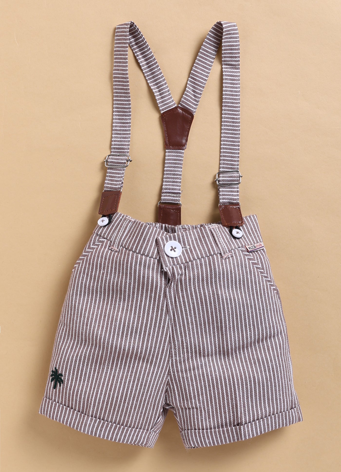 Cotton Half Sleeves Shirt With Coordinating Striped Shorts Suspender & Bow Casual Set- BROWN