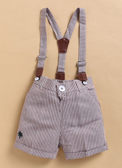 Cotton Half Sleeves Shirt With Coordinating Striped Shorts Suspender & Bow Casual Set- BROWN