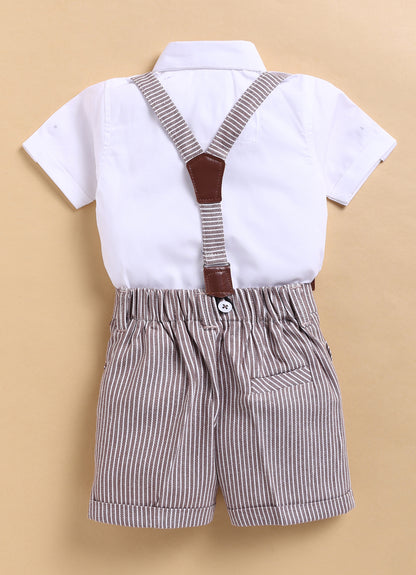 Cotton Half Sleeves Shirt With Coordinating Striped Shorts Suspender & Bow Casual Set- BROWN