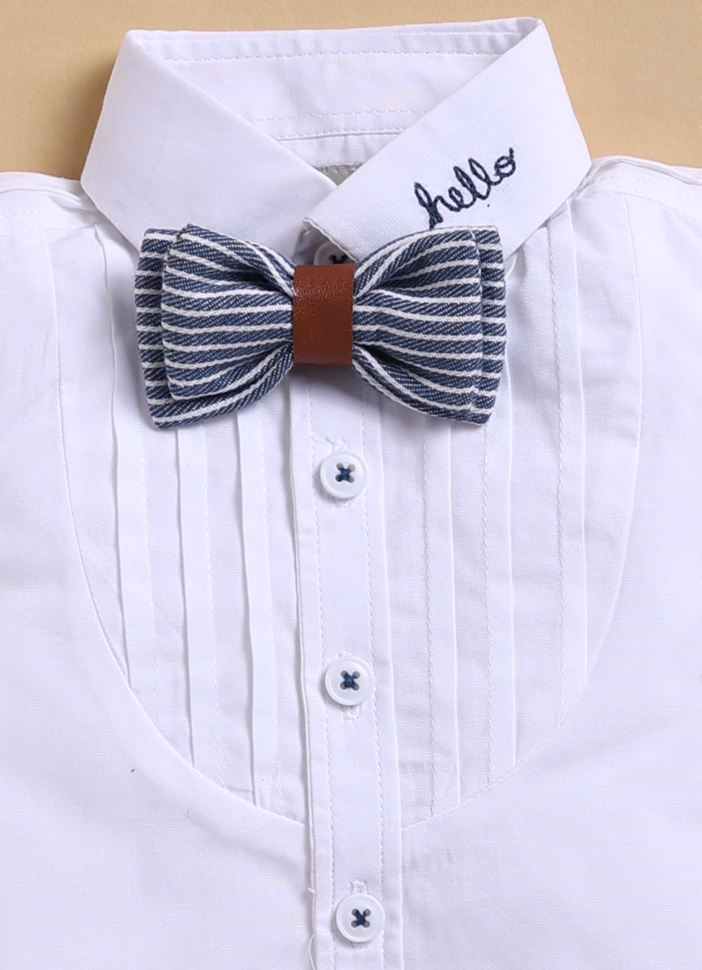 Cotton Half Sleeves Shirt With Coordinating Striped Shorts Suspender & Bow Casual Set- Blue
