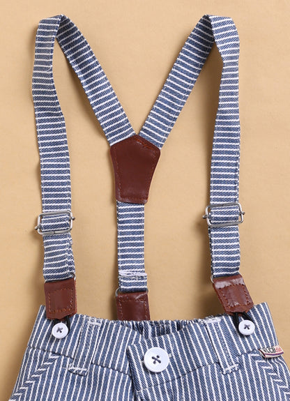 Cotton Half Sleeves Shirt With Coordinating Striped Shorts Suspender & Bow Casual Set- Blue