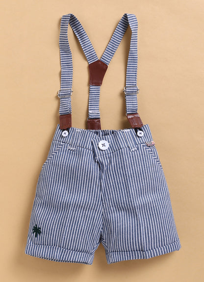 Cotton Half Sleeves Shirt With Coordinating Striped Shorts Suspender & Bow Casual Set- Blue
