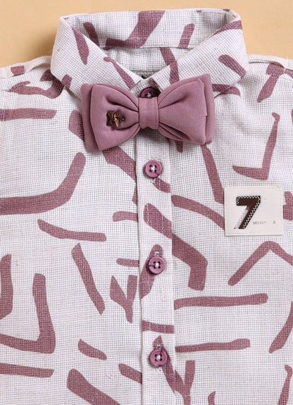 Abstract Printed Cotton Mesh Half Sleeves Shirt Pant Suspender Set with Bow - Lavender