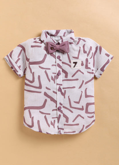 Abstract Printed Cotton Mesh Half Sleeves Shirt Pant Suspender Set with Bow - Lavender