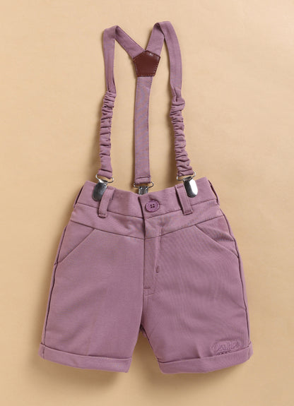 Abstract Printed Cotton Mesh Half Sleeves Shirt Pant Suspender Set with Bow - Lavender