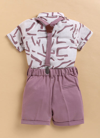 Abstract Printed Cotton Mesh Half Sleeves Shirt Pant Suspender Set with Bow - Lavender