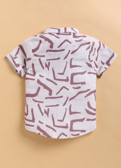 Abstract Printed Cotton Mesh Half Sleeves Shirt Pant Suspender Set with Bow - Lavender