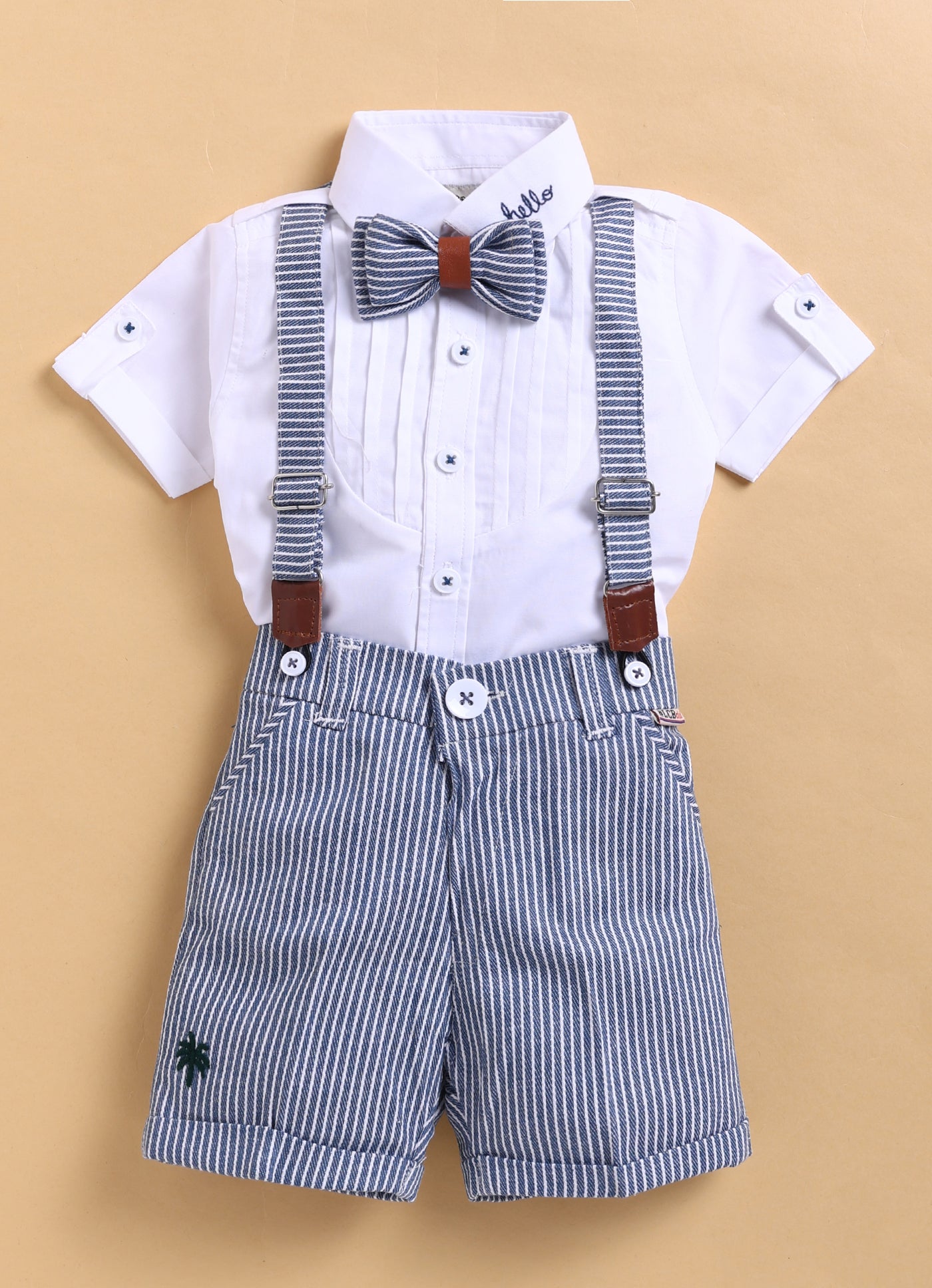 Cotton Half Sleeves Shirt With Coordinating Striped Shorts Suspender & Bow Casual Set- Blue