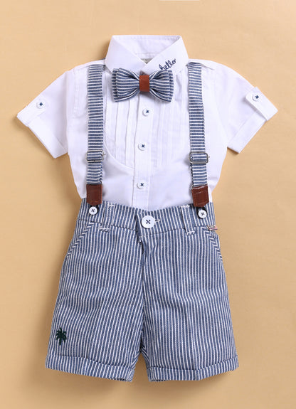 Cotton Half Sleeves Shirt With Coordinating Striped Shorts Suspender & Bow Casual Set- Blue