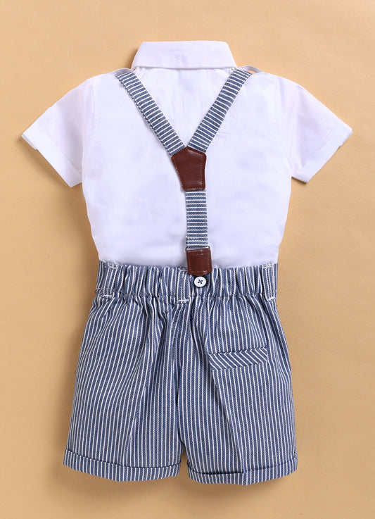 Cotton Half Sleeves Shirt With Coordinating Striped Shorts Suspender & Bow Casual Set- Blue