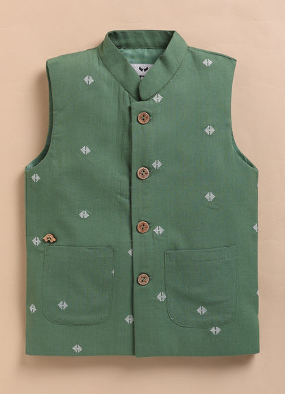 Boys Pure Cotton Nehru Jacket, Kurta, Pajama Ethnic Set - Green