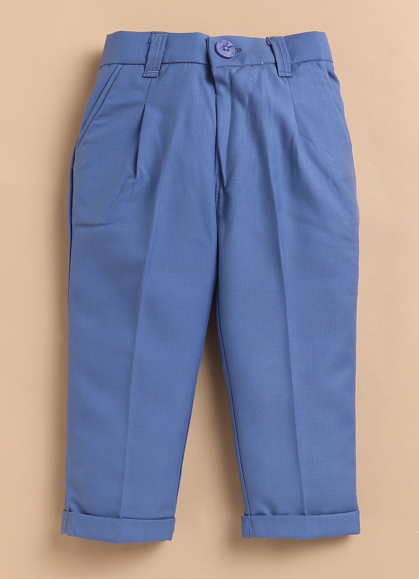 Blended Woven Full Sleeves Solid Candy Toffee Ice-cream Theme Hand Embroidered Motifs in Suspender with Shirt and Pant Bow Formal Shirt Pant Suspender Set- Blue