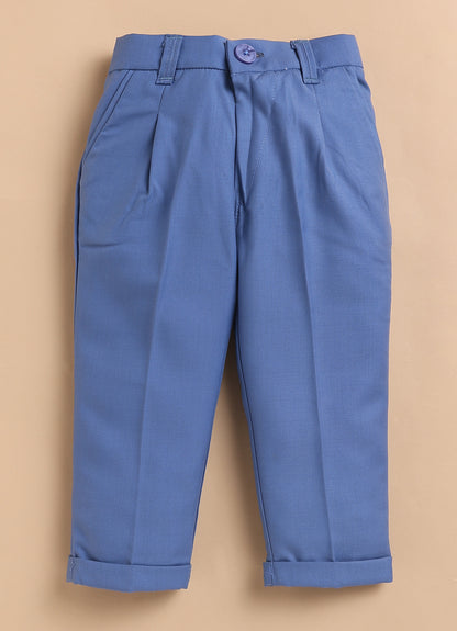 Blended Woven Full Sleeves Solid Candy Toffee Ice-cream Theme Hand Embroidered Motifs in Suspender with Shirt and Pant Bow Formal Shirt Pant Suspender Set- Blue