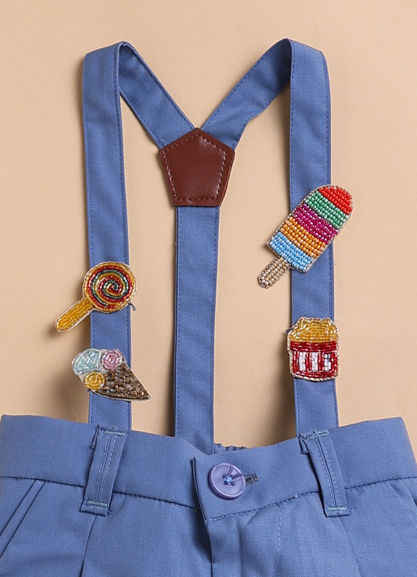 Blended Woven Full Sleeves Solid Candy Toffee Ice-cream Theme Hand Embroidered Motifs in Suspender with Shirt and Pant Bow Formal Shirt Pant Suspender Set- Blue
