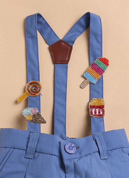 Blended Woven Full Sleeves Solid Candy Toffee Ice-cream Theme Hand Embroidered Motifs in Suspender with Shirt and Pant Bow Formal Shirt Pant Suspender Set- Blue