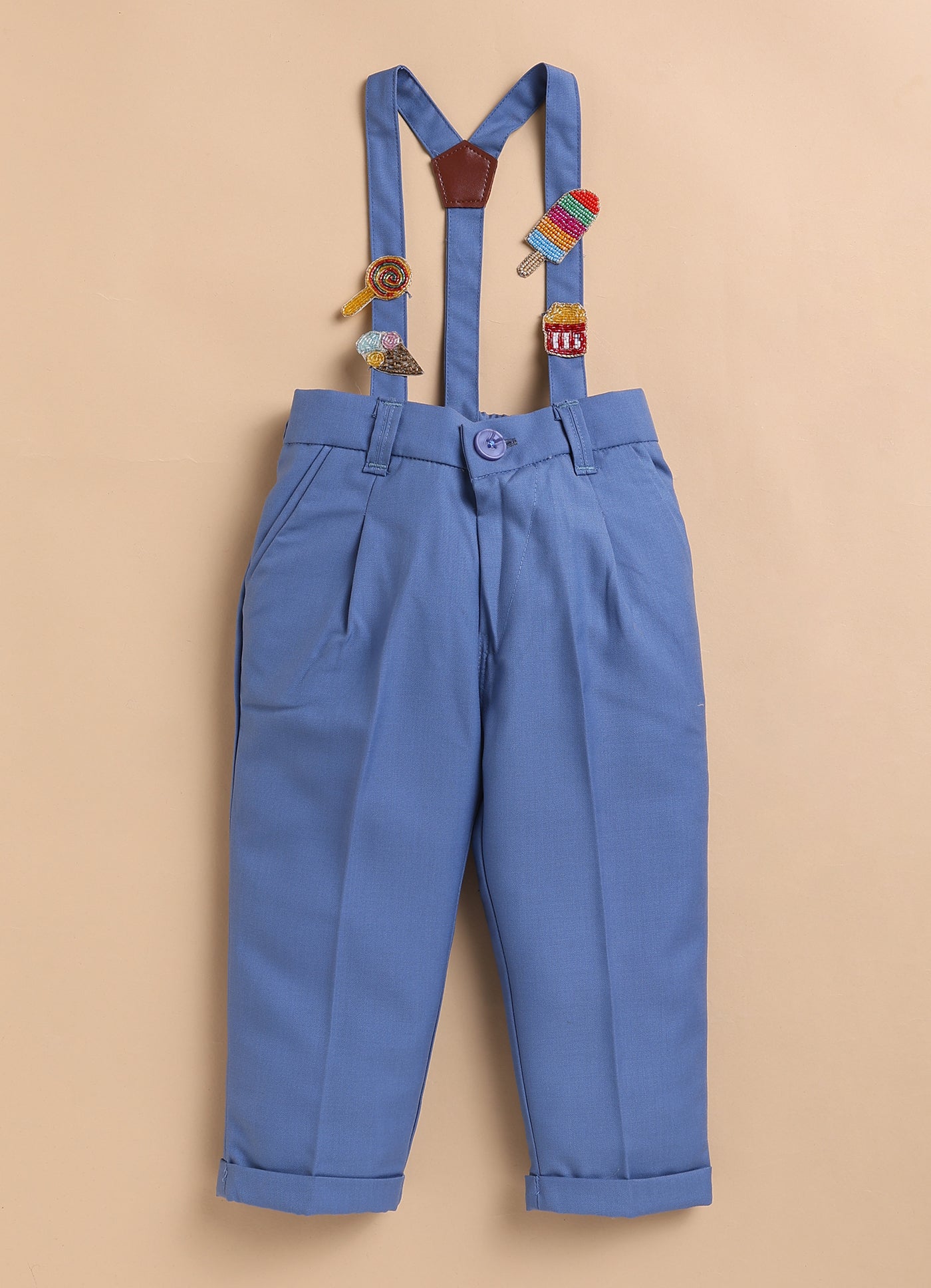 Blended Woven Full Sleeves Solid Candy Toffee Ice-cream Theme Hand Embroidered Motifs in Suspender with Shirt and Pant Bow Formal Shirt Pant Suspender Set- Blue